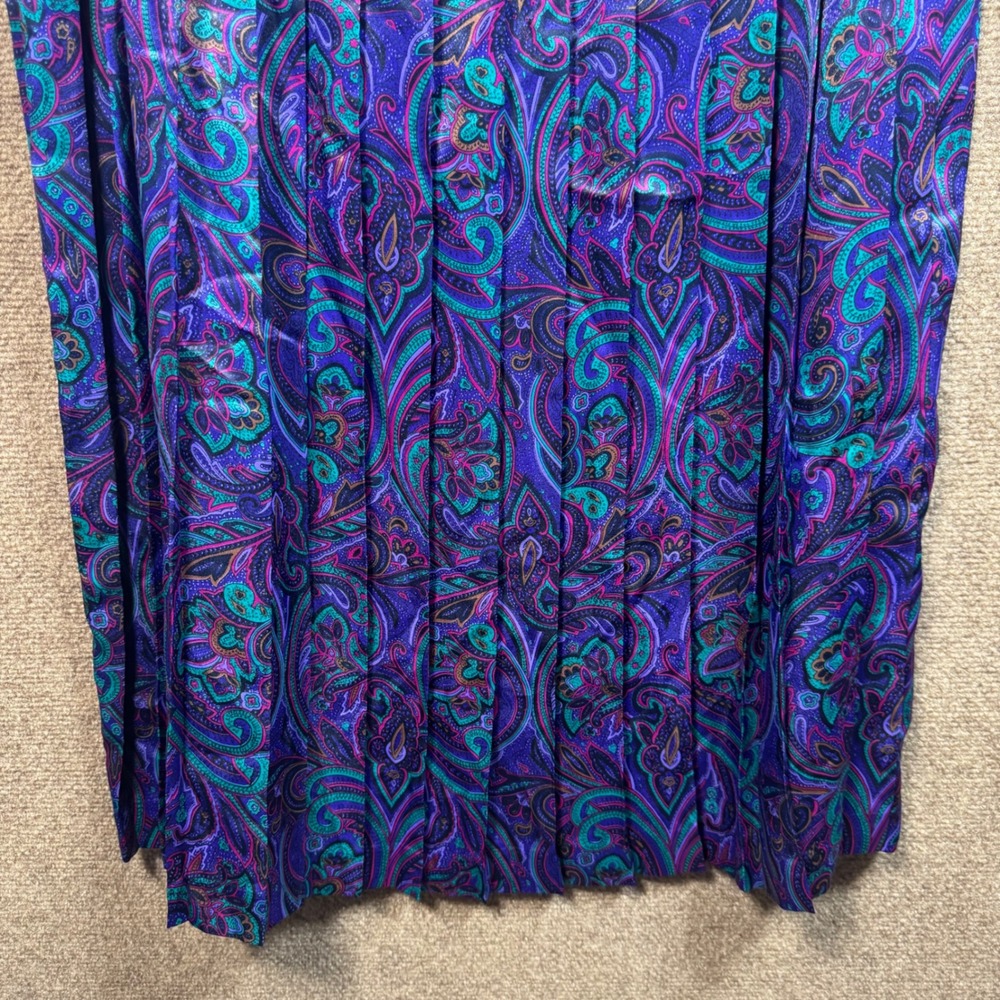 VTG Koret Multicolor Satin Boho Floral Paisley Full Pleated Skirt Sz 12 Pullon - Picture 10 of 10